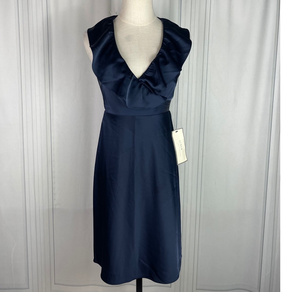NWT J. Crew Navy Satin Sleeveless Ruffle Neck Fit & Flare Cocktail Dress - 2P